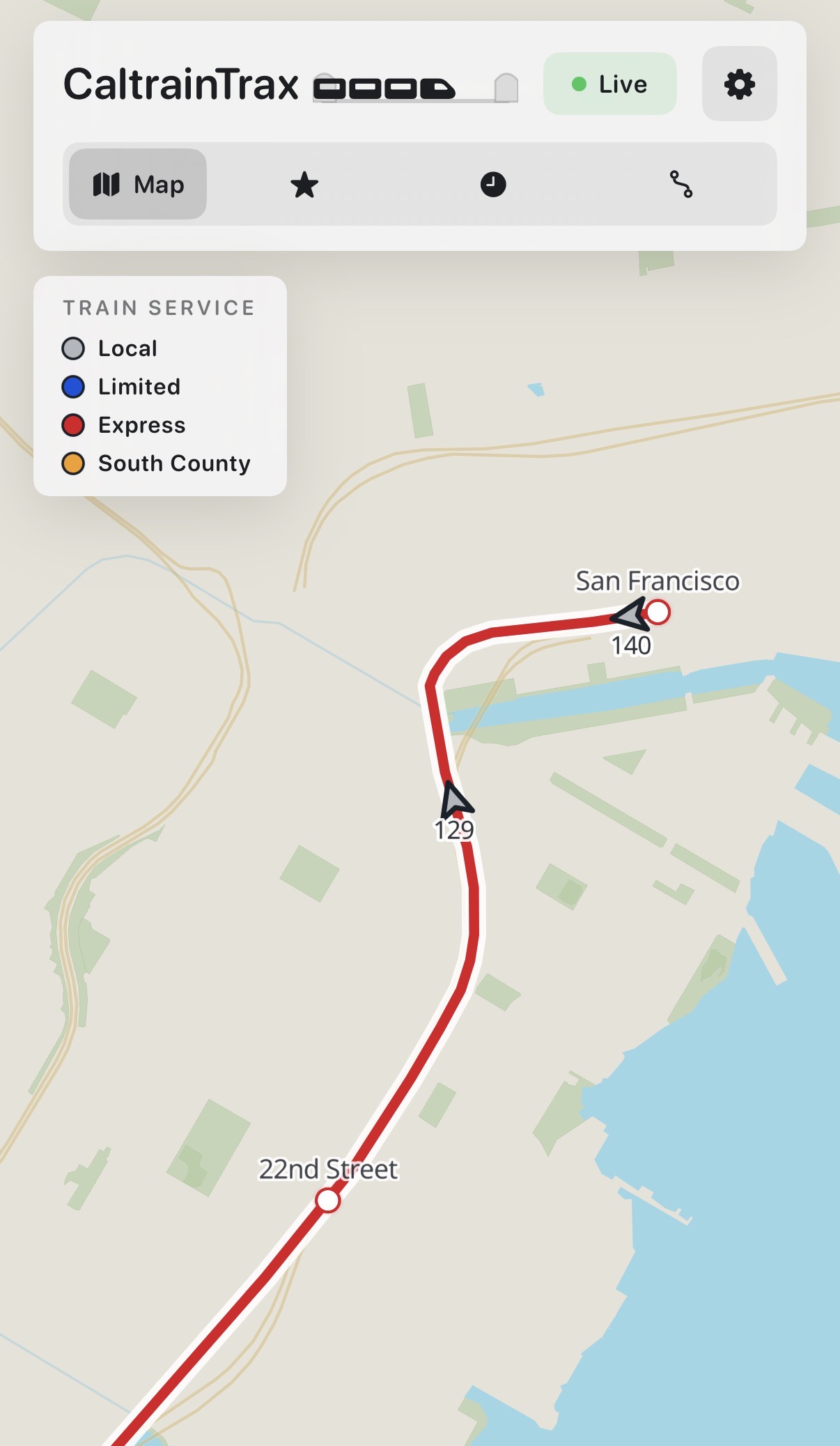 CaltrainTrax live map showing active trains near San Francisco and 22nd Street